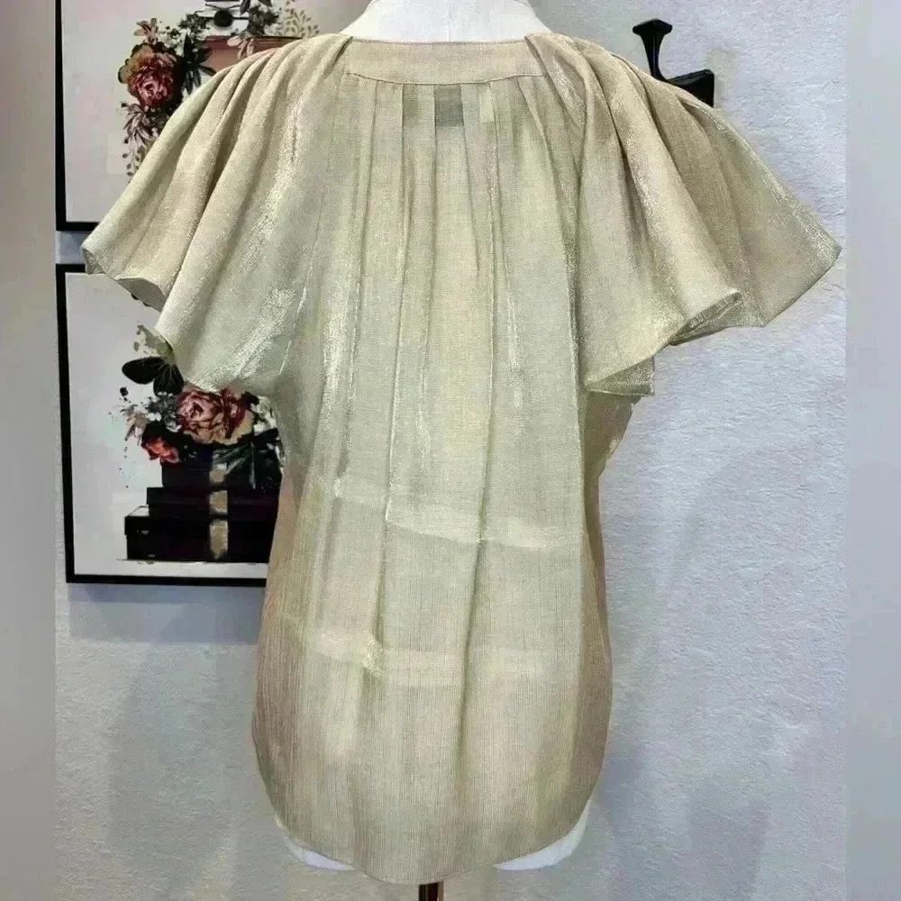 LUMINARY Gold Sparkle Pleated Top With Flutter Sleeves Size XS